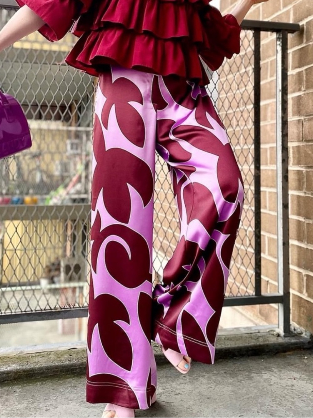 House of Harlow purple brown patterned satin wide leg pants